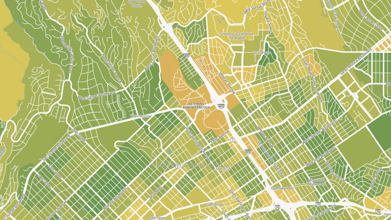 Map of the best neighborhoods in the 90073 area, with better matches in green and worse matches in red