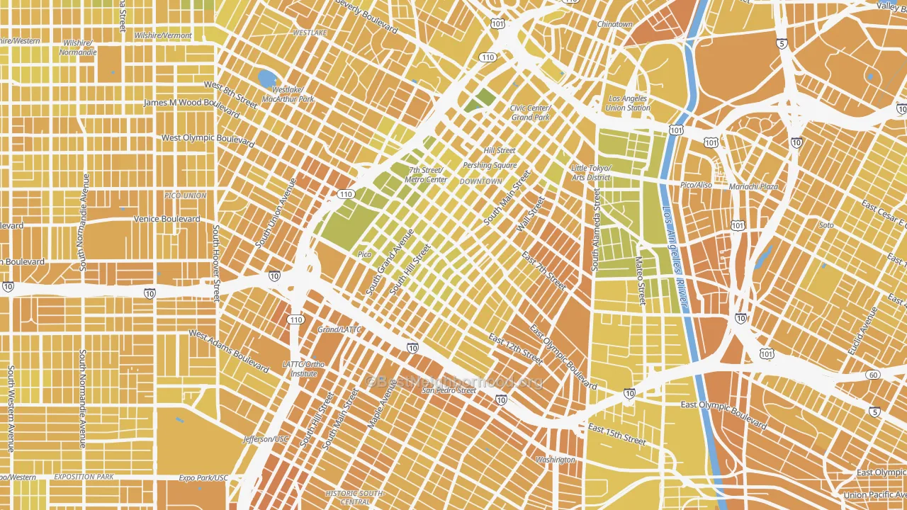 Map of the best neighborhoods in the 90079 area, with better matches in green and worse matches in red