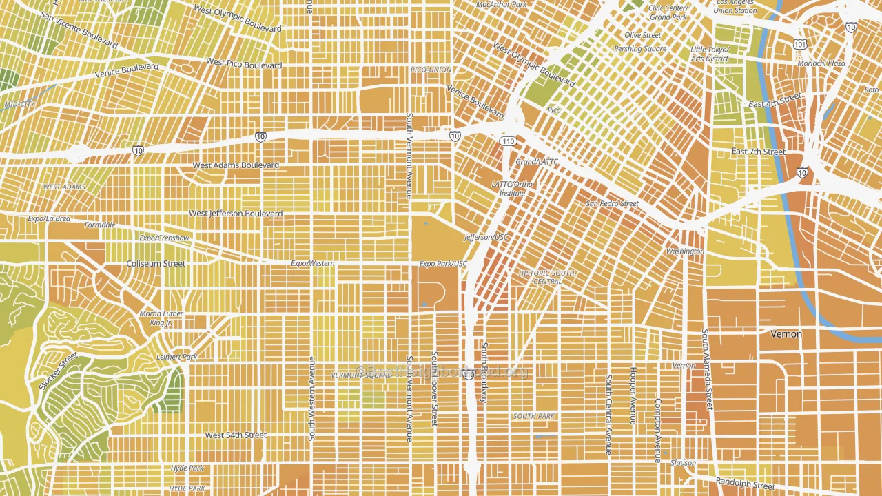 Map of the best neighborhoods in the 90089 area, with better matches in green and worse matches in red