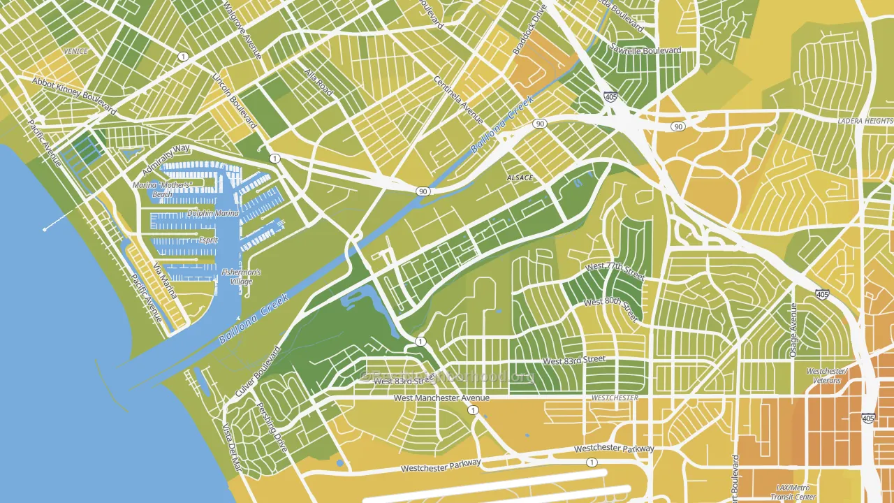 Map of the best neighborhoods in the 90094 area, with better matches in green and worse matches in red