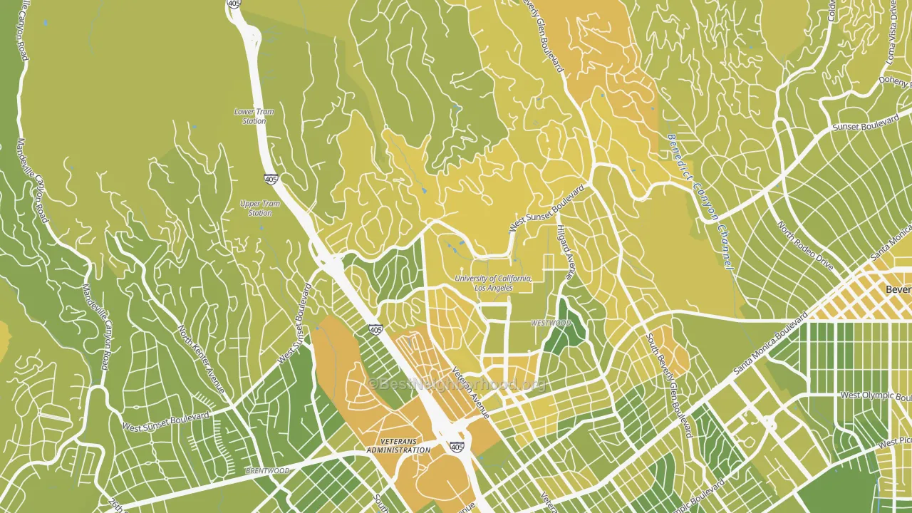 Map of the best neighborhoods in the 90095 area, with better matches in green and worse matches in red