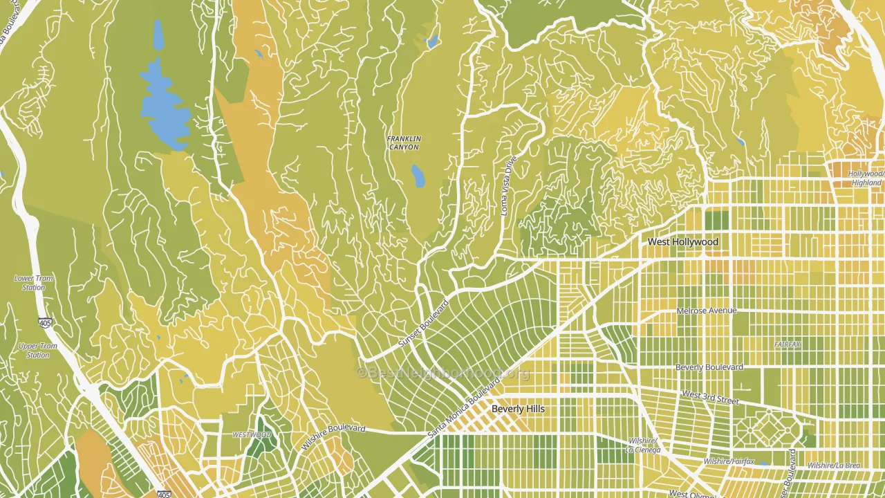 Map of the best neighborhoods in the 90210 area, with better matches in green and worse matches in red