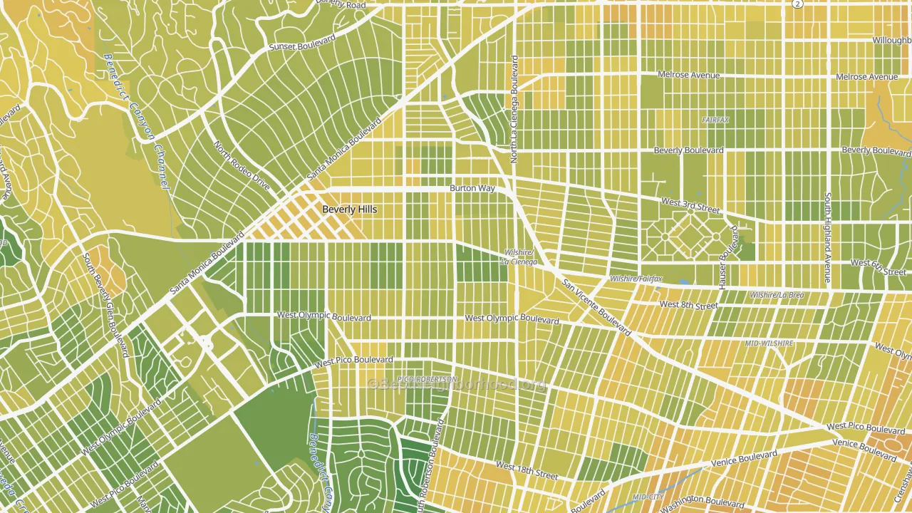 Map of the best neighborhoods in the 90211 area, with better matches in green and worse matches in red
