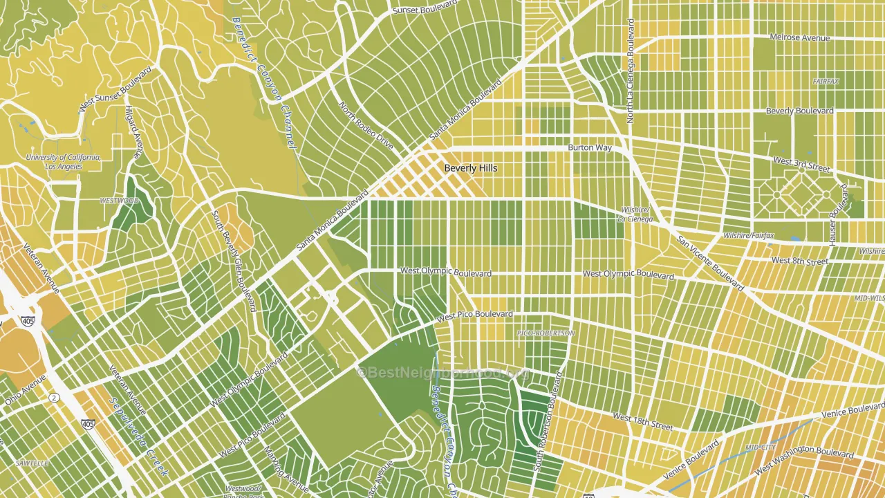 Map of the best neighborhoods in the 90212 area, with better matches in green and worse matches in red