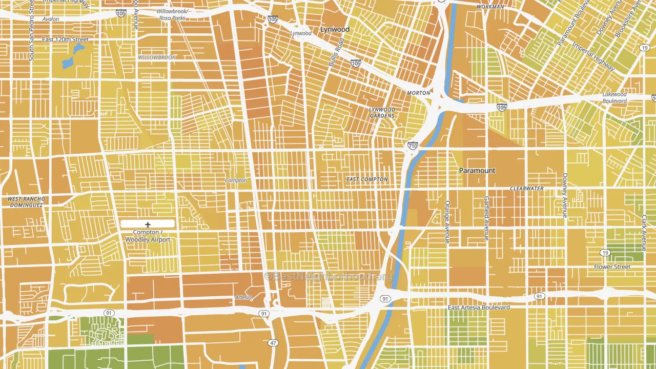 Map of the best neighborhoods in the 90221 area, with better matches in green and worse matches in red