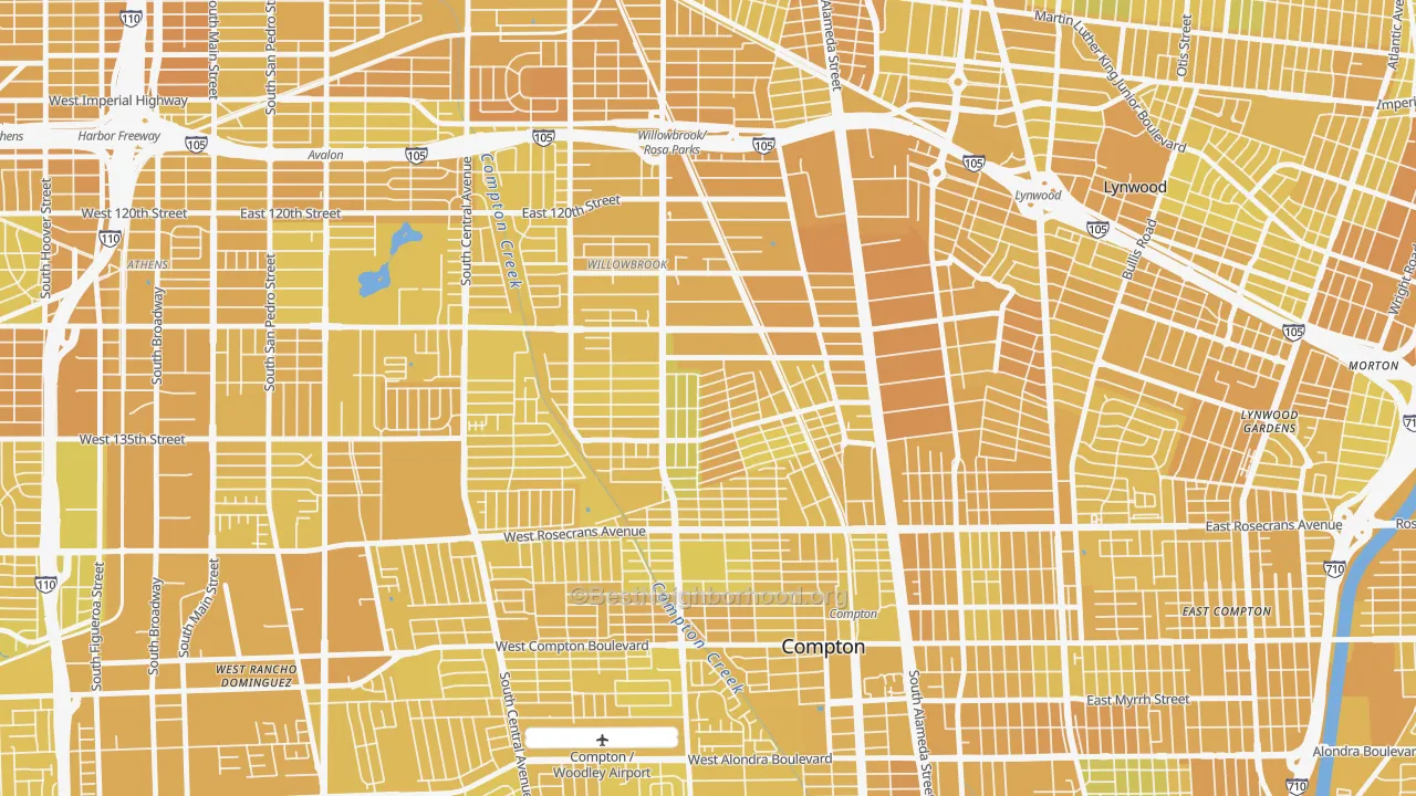 Map of the best neighborhoods in the 90222 area, with better matches in green and worse matches in red