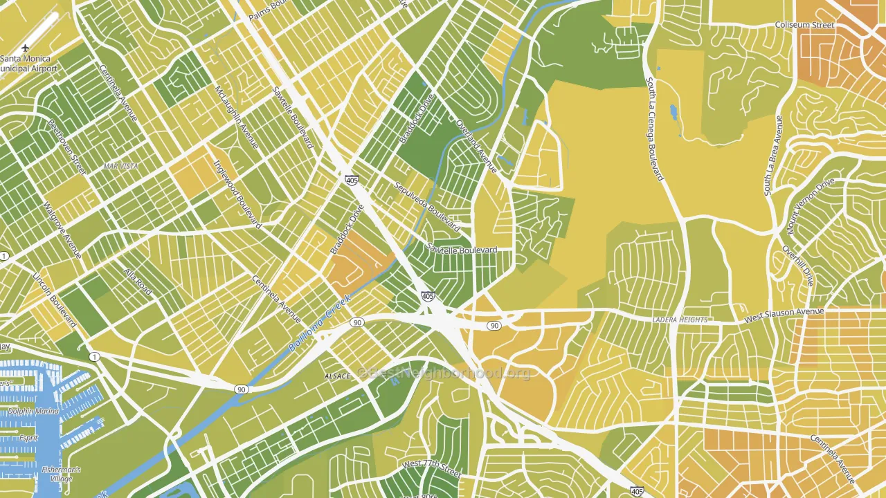 Map of the best neighborhoods in the 90230 area, with better matches in green and worse matches in red