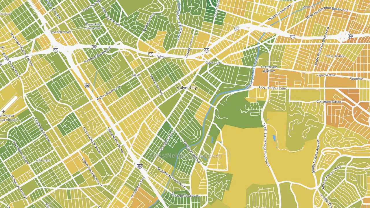 Map of the best neighborhoods in the 90232 area, with better matches in green and worse matches in red