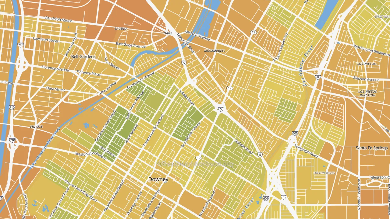 Map of the best neighborhoods in the 90240 area, with better matches in green and worse matches in red