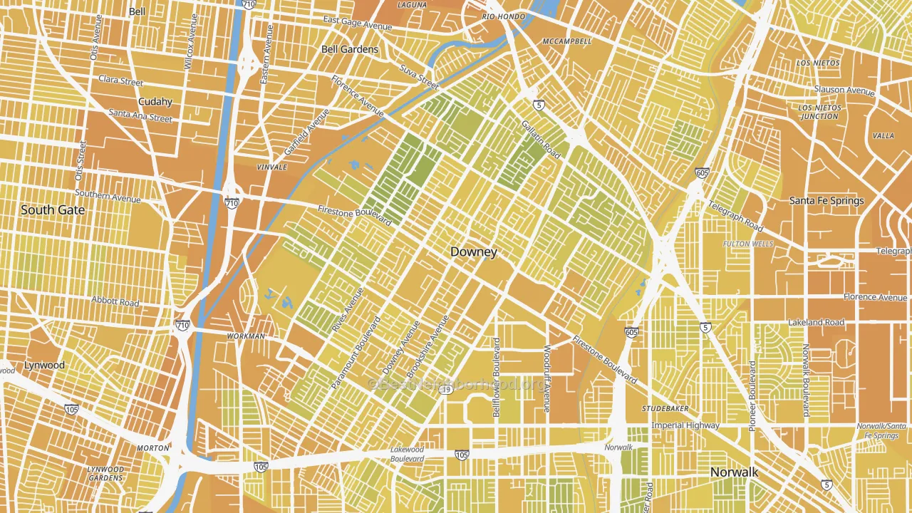 Map of the best neighborhoods in the 90241 area, with better matches in green and worse matches in red