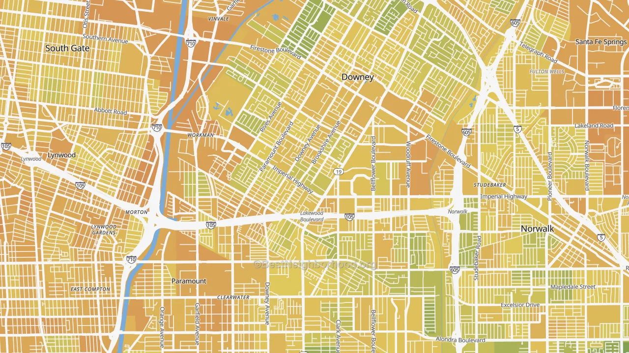 Map of the best neighborhoods in the 90242 area, with better matches in green and worse matches in red