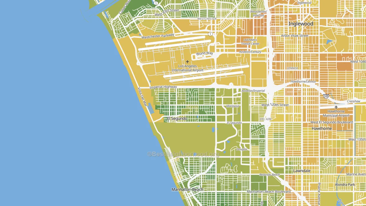 Map of the best neighborhoods in the 90245 area, with better matches in green and worse matches in red