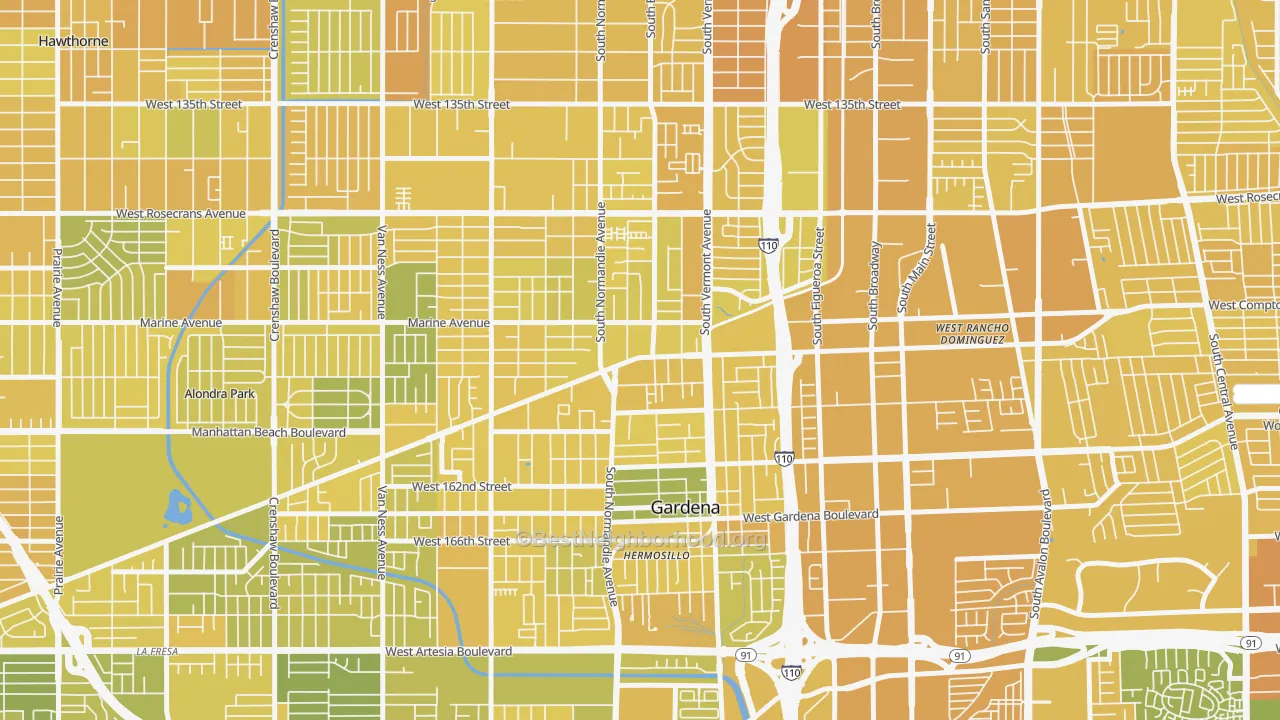 Map of the best neighborhoods in the 90247 area, with better matches in green and worse matches in red