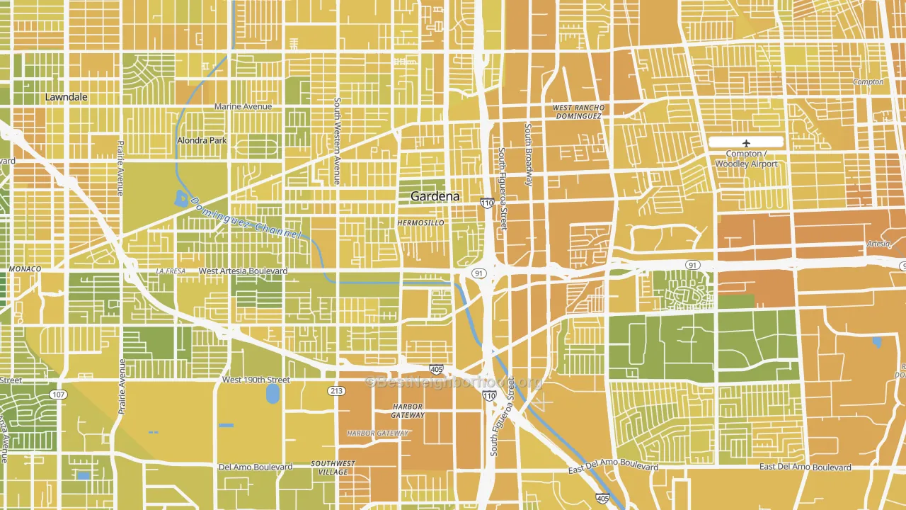 Map of the best neighborhoods in the 90248 area, with better matches in green and worse matches in red