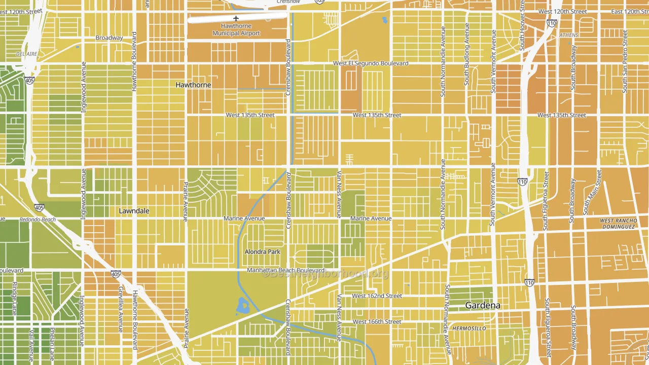 Map of the best neighborhoods in the 90249 area, with better matches in green and worse matches in red