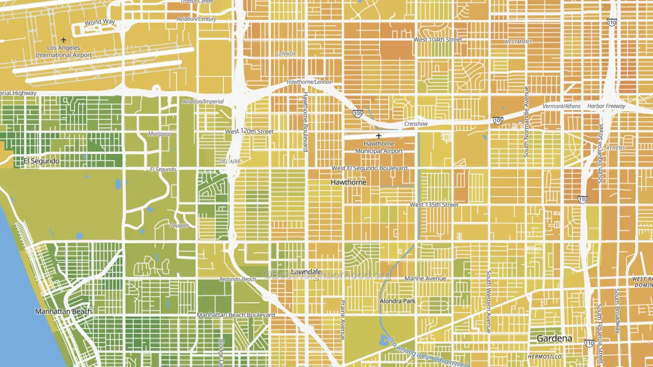 Map of the best neighborhoods in the 90250 area, with better matches in green and worse matches in red