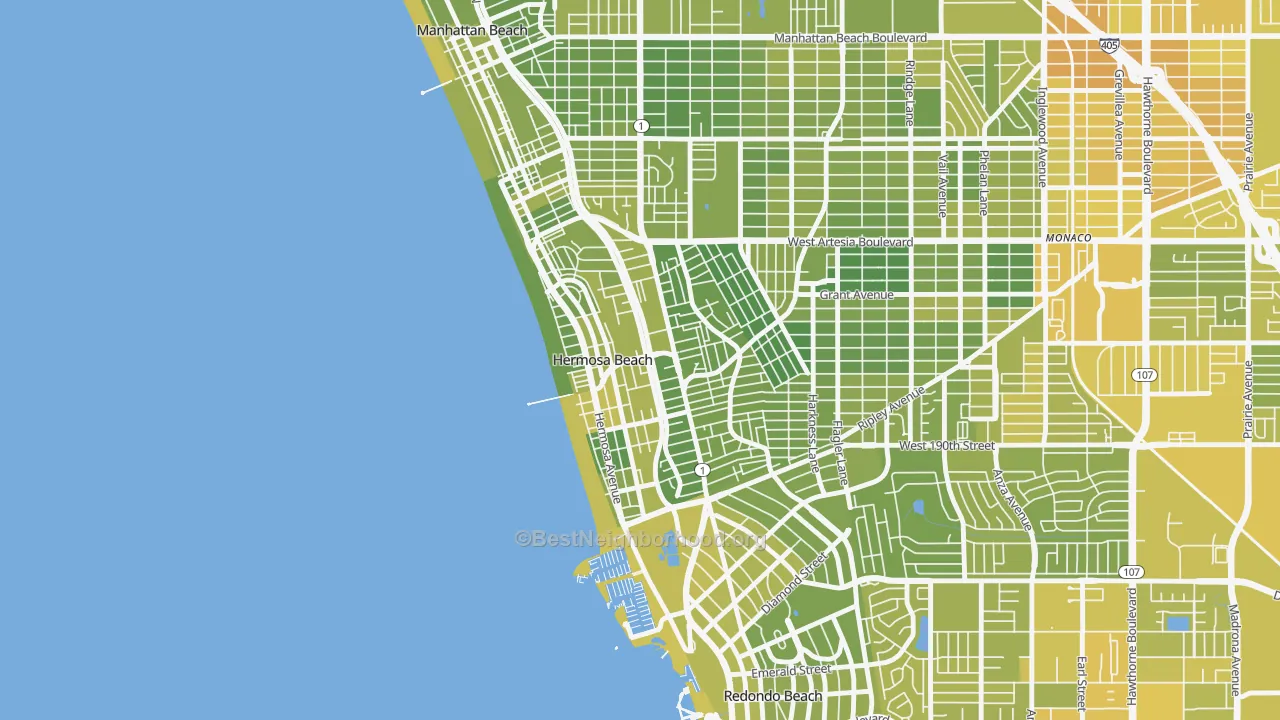 Map of the best neighborhoods in the 90254 area, with better matches in green and worse matches in red