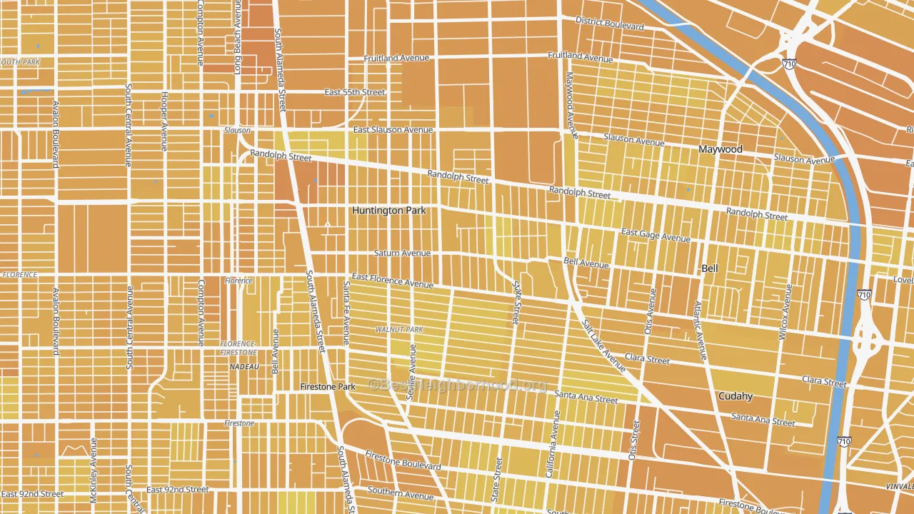 Map of the best neighborhoods in the 90255 area, with better matches in green and worse matches in red