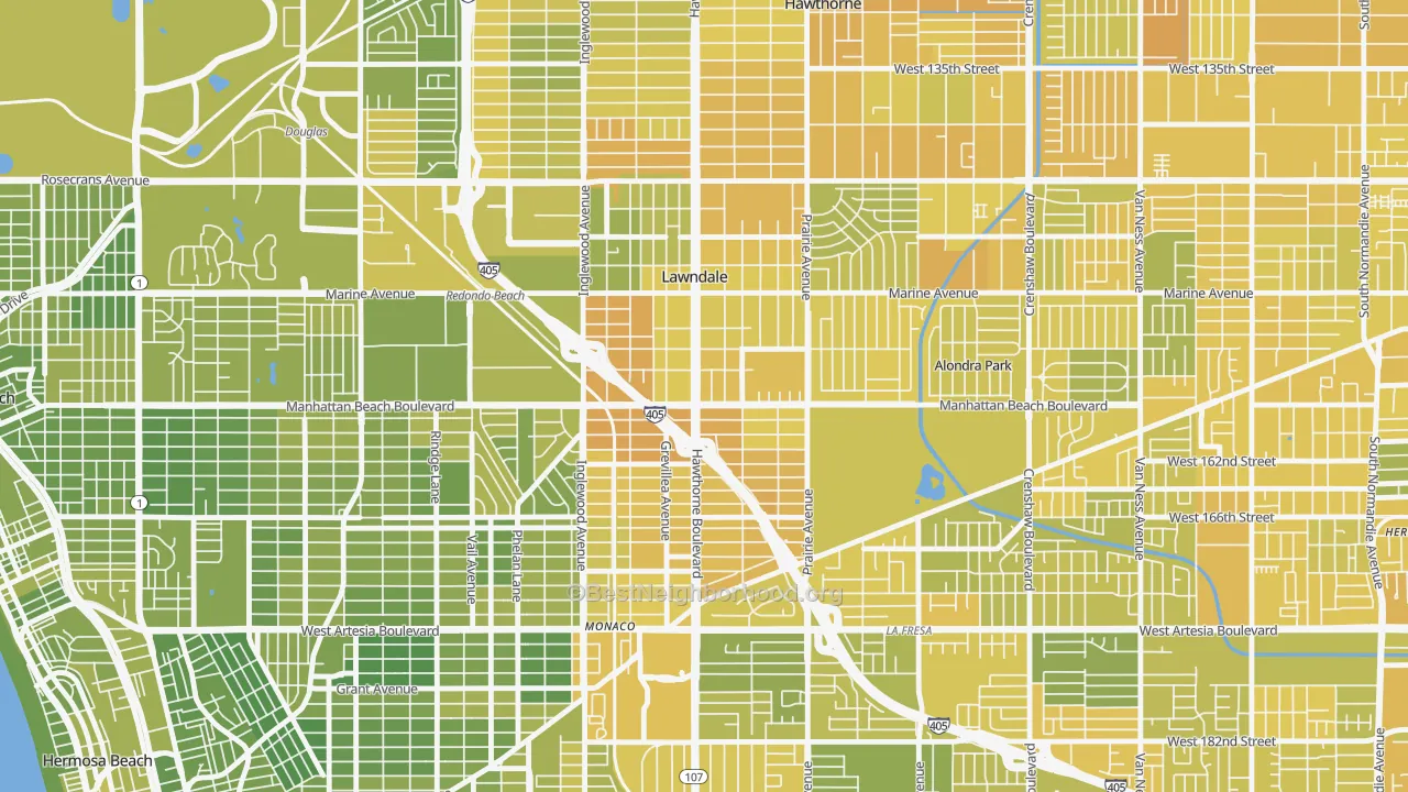 Map of the best neighborhoods in the 90260 area, with better matches in green and worse matches in red