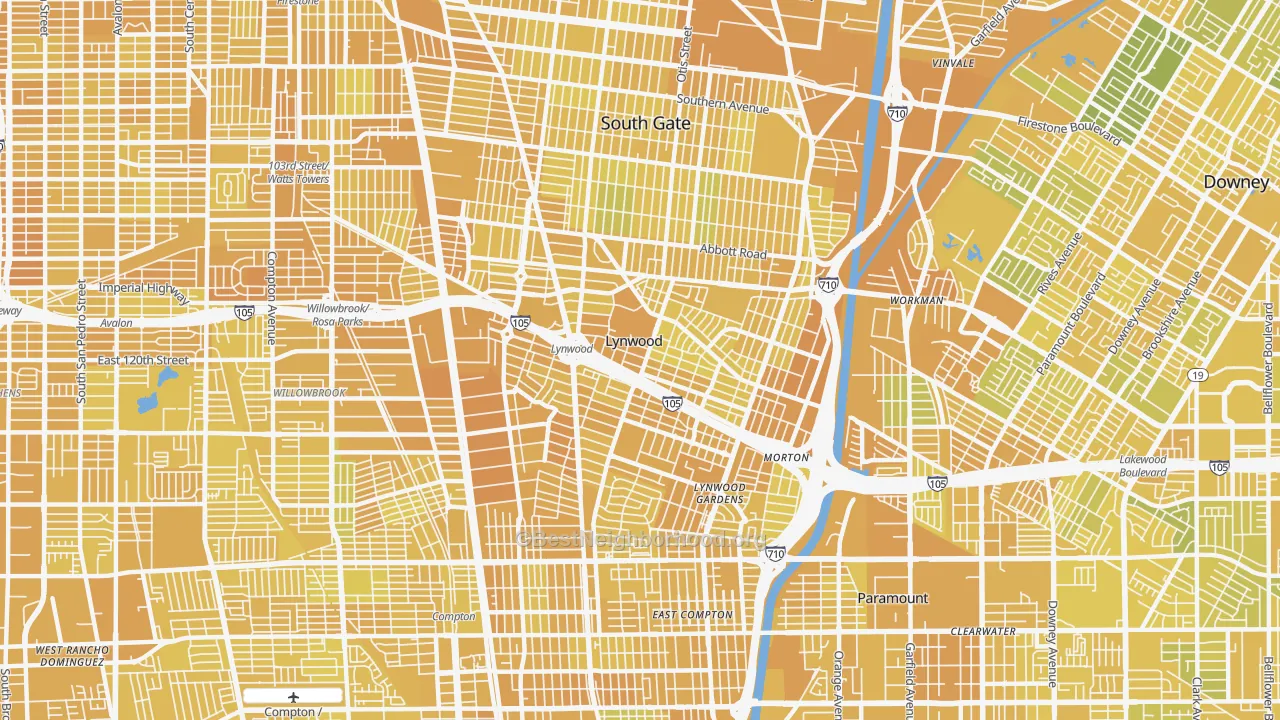 Map of the best neighborhoods in the 90262 area, with better matches in green and worse matches in red