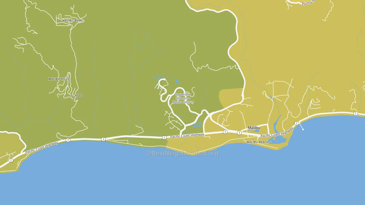 Map of the best neighborhoods in the 90263 area, with better matches in green and worse matches in red