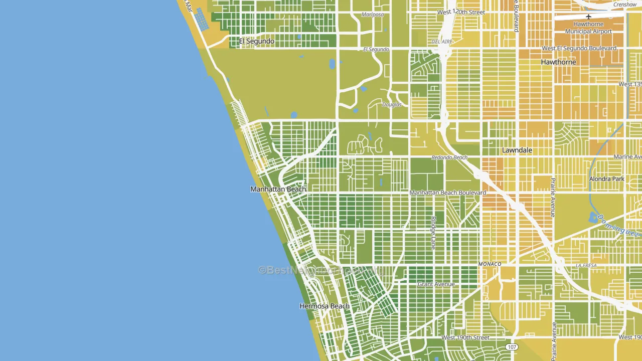 Map of the best neighborhoods in the 90266 area, with better matches in green and worse matches in red