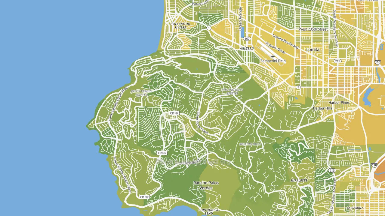 Map of the best neighborhoods in the 90274 area, with better matches in green and worse matches in red