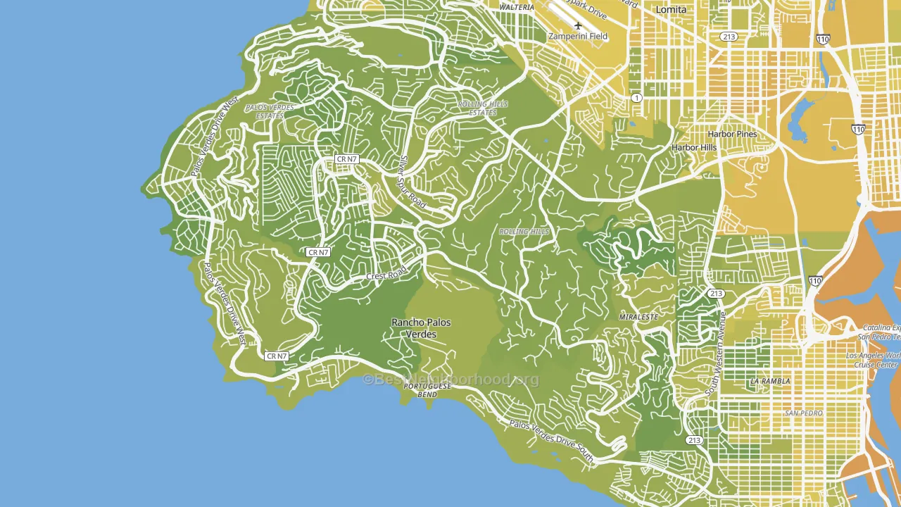 Map of the best neighborhoods in the 90275 area, with better matches in green and worse matches in red