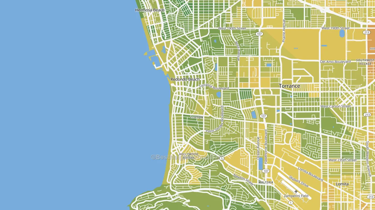 Map of the best neighborhoods in the 90277 area, with better matches in green and worse matches in red