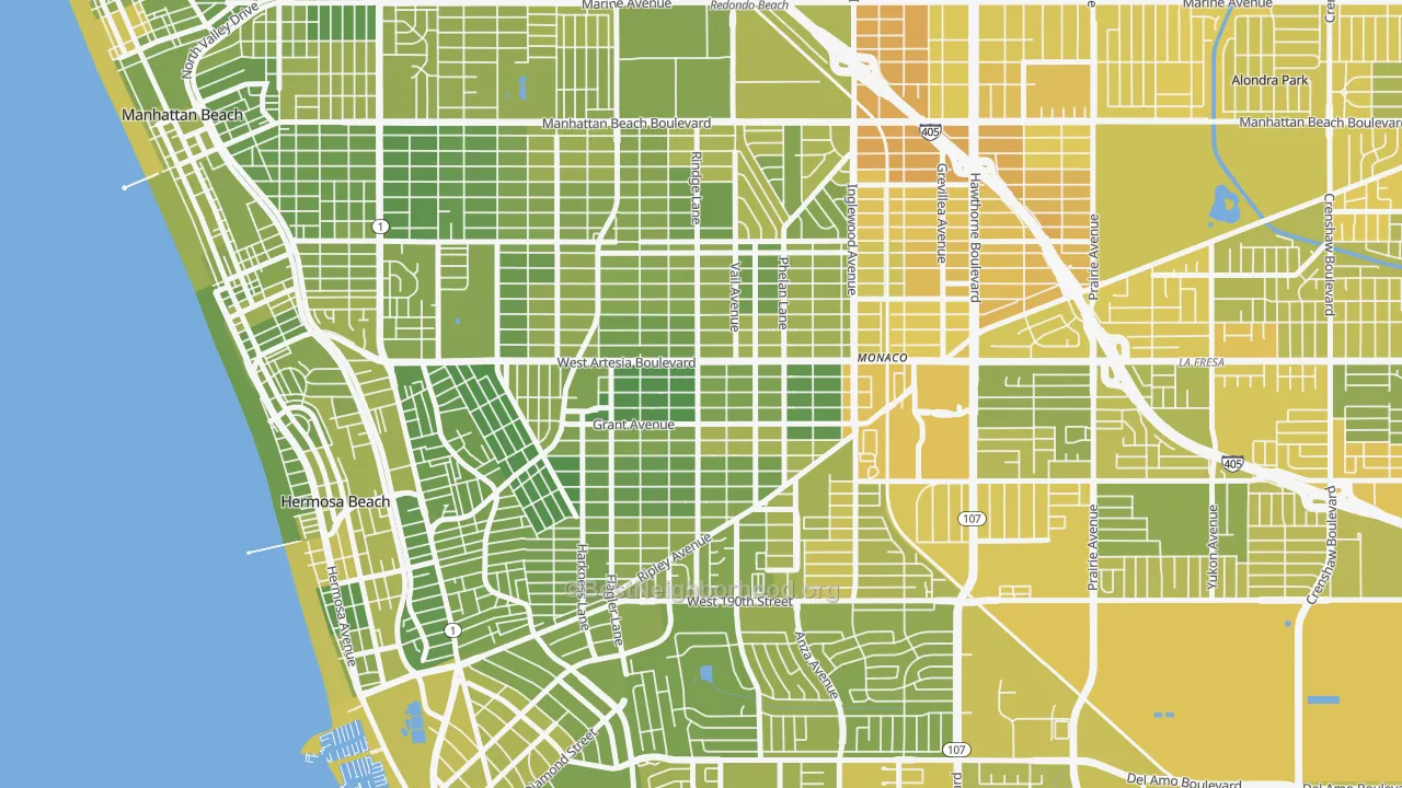 Map of the best neighborhoods in the 90278 area, with better matches in green and worse matches in red