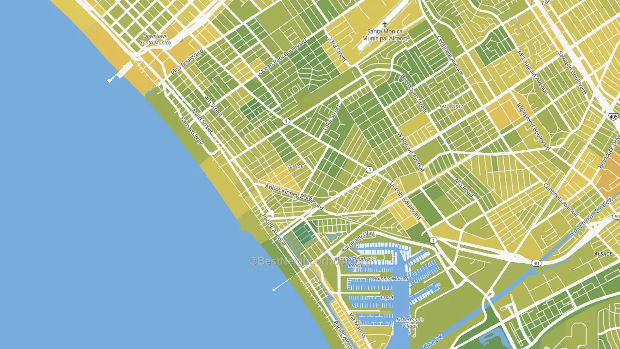 Map of the best neighborhoods in the 90291 area, with better matches in green and worse matches in red