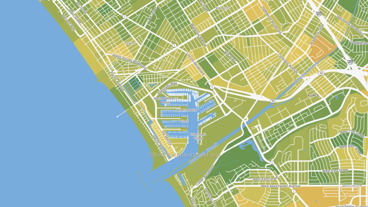 Map of the best neighborhoods in the 90292 area, with better matches in green and worse matches in red