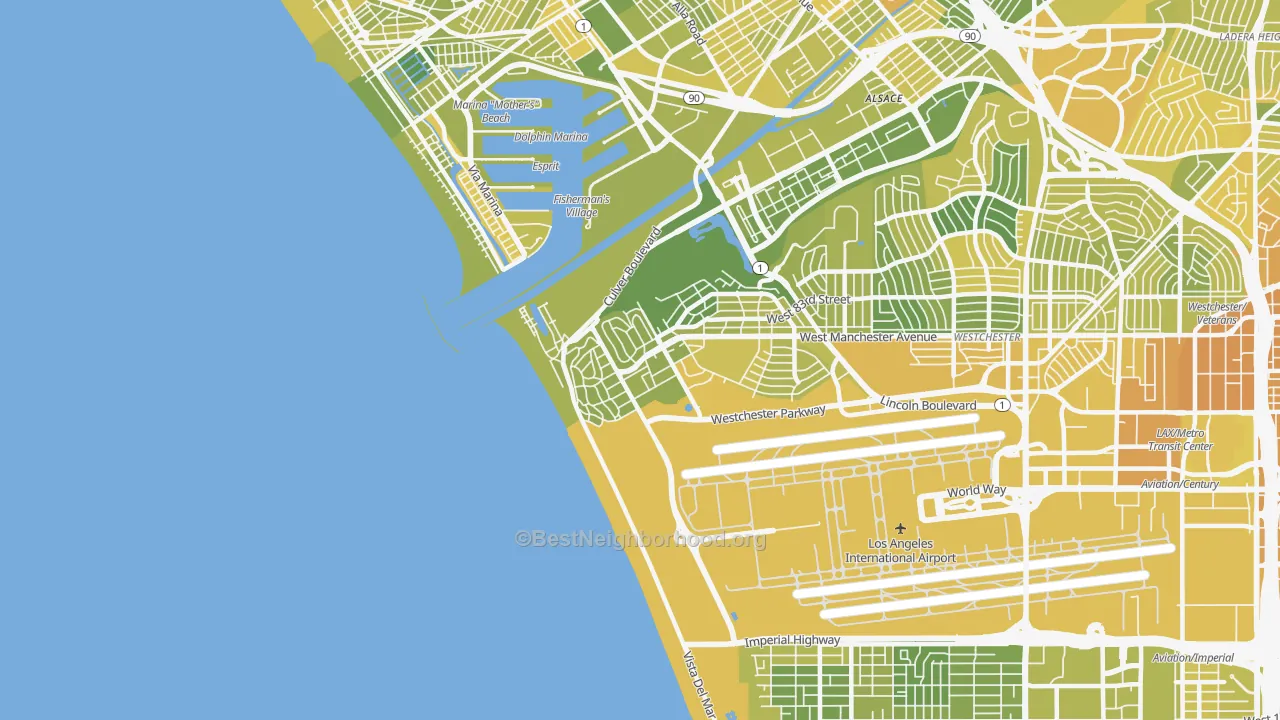 Map of the best neighborhoods in the 90293 area, with better matches in green and worse matches in red