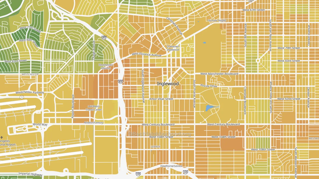 Map of the best neighborhoods in the 90301 area, with better matches in green and worse matches in red