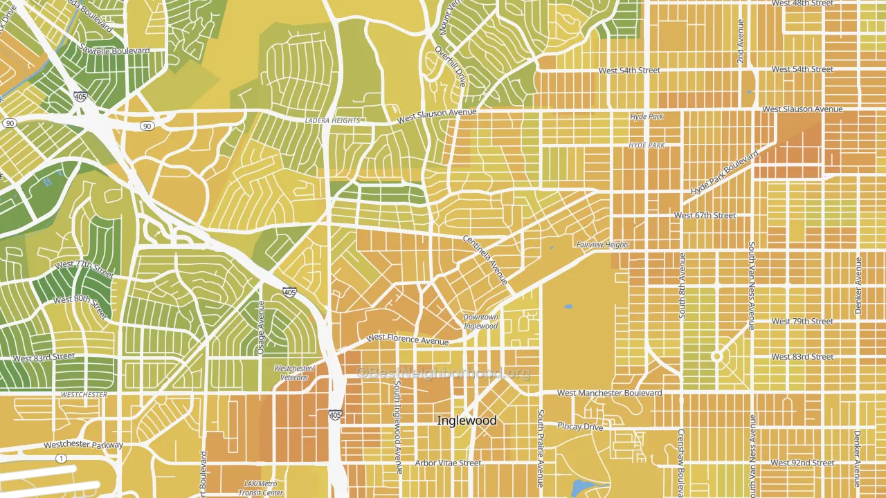 Map of the best neighborhoods in the 90302 area, with better matches in green and worse matches in red