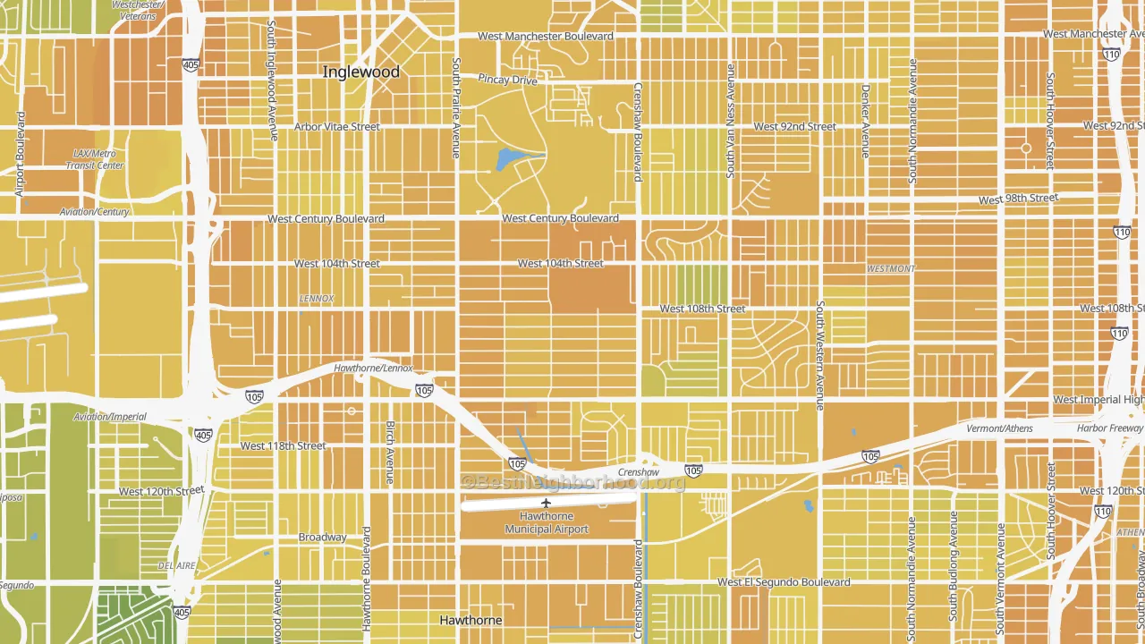 Map of the best neighborhoods in the 90303 area, with better matches in green and worse matches in red