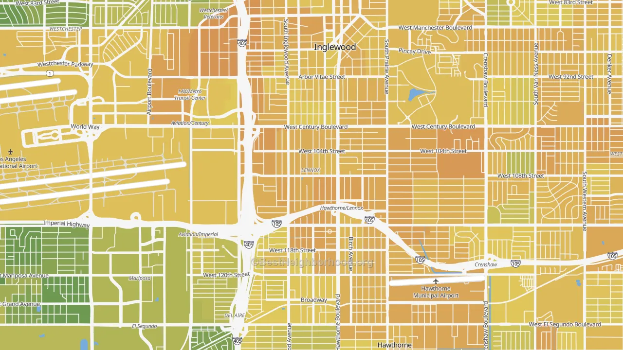 Map of the best neighborhoods in the 90304 area, with better matches in green and worse matches in red