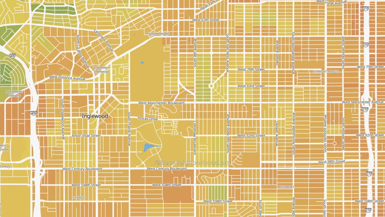 Map of the best neighborhoods in the 90305 area, with better matches in green and worse matches in red