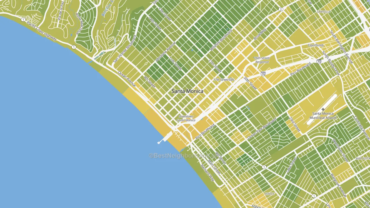 Map of the best neighborhoods in the 90401 area, with better matches in green and worse matches in red