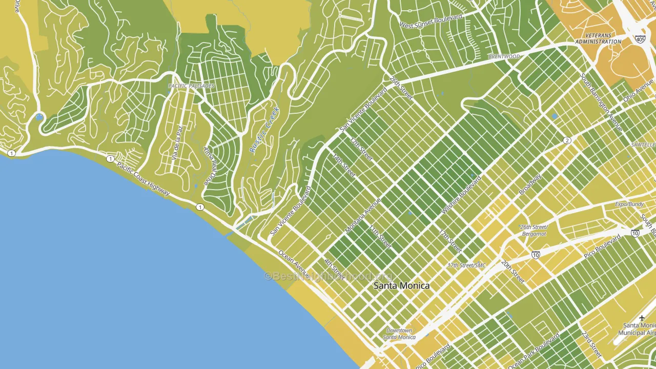 Map of the best neighborhoods in the 90402 area, with better matches in green and worse matches in red