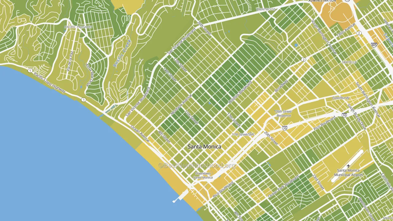 Map of the best neighborhoods in the 90403 area, with better matches in green and worse matches in red