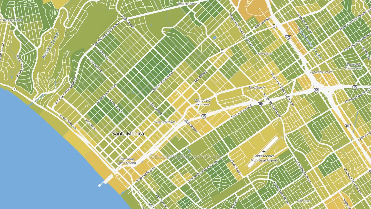 Map of the best neighborhoods in the 90404 area, with better matches in green and worse matches in red