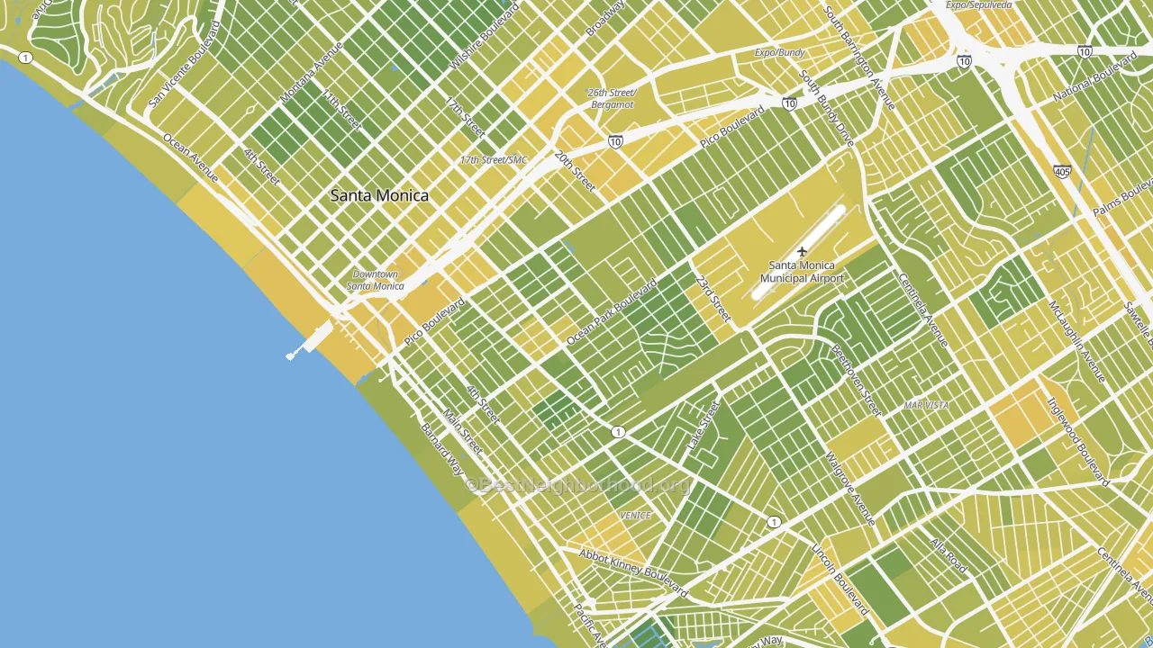 Map of the best neighborhoods in the 90405 area, with better matches in green and worse matches in red