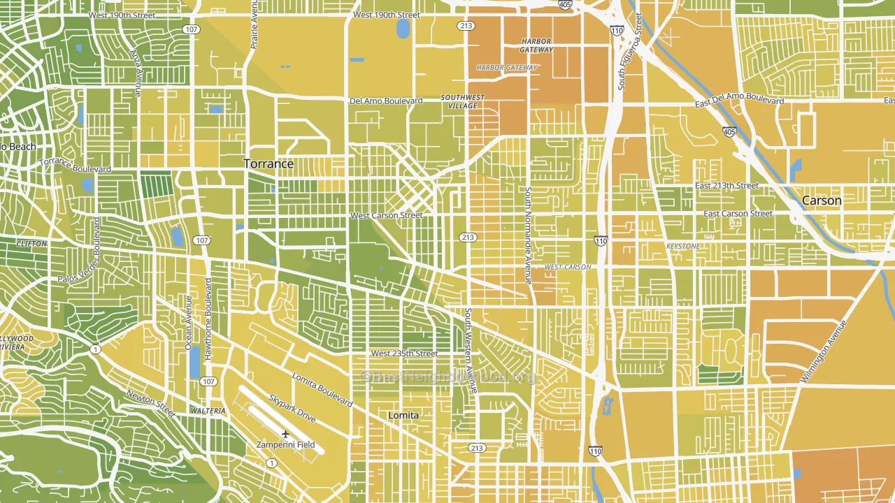 Map of the best neighborhoods in the 90501 area, with better matches in green and worse matches in red