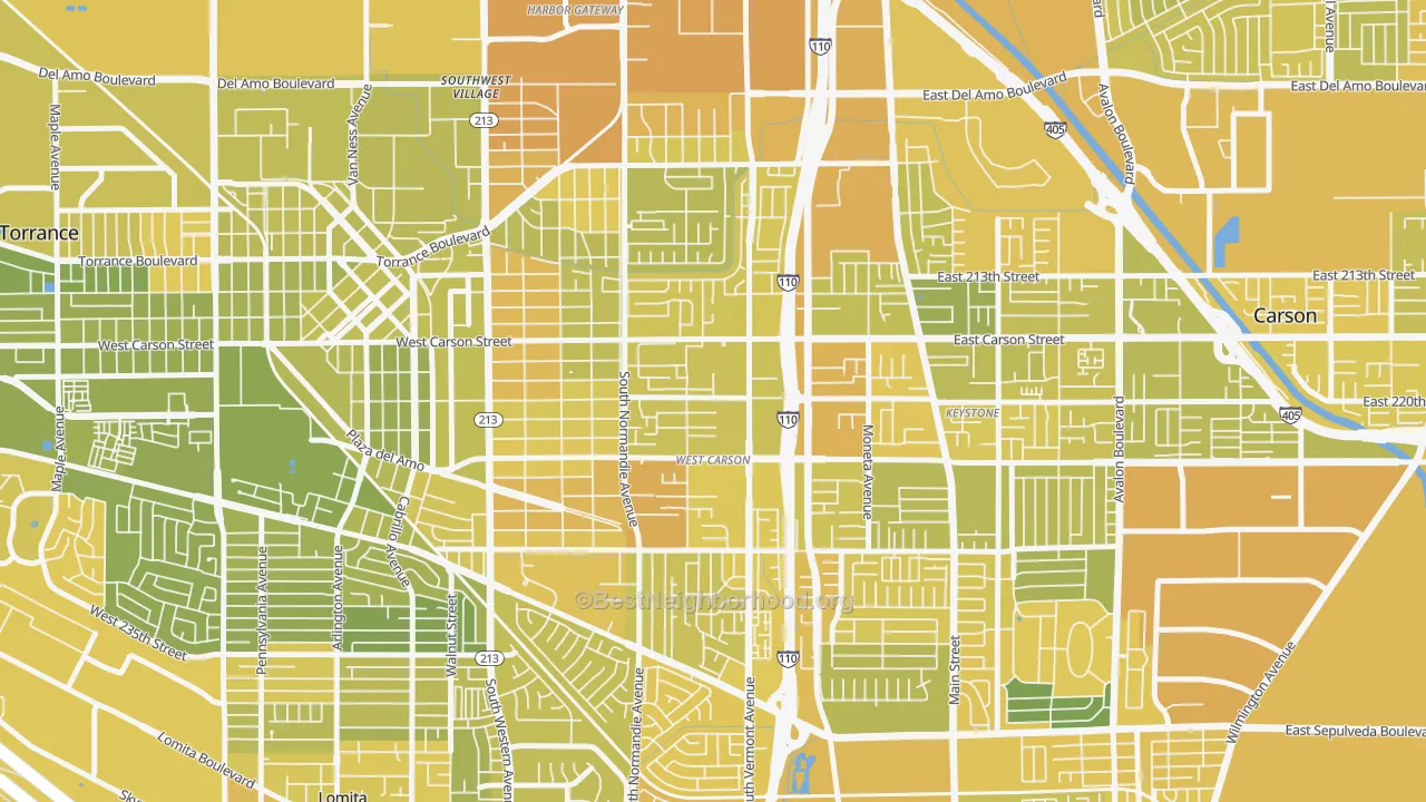 Map of the best neighborhoods in the 90502 area, with better matches in green and worse matches in red