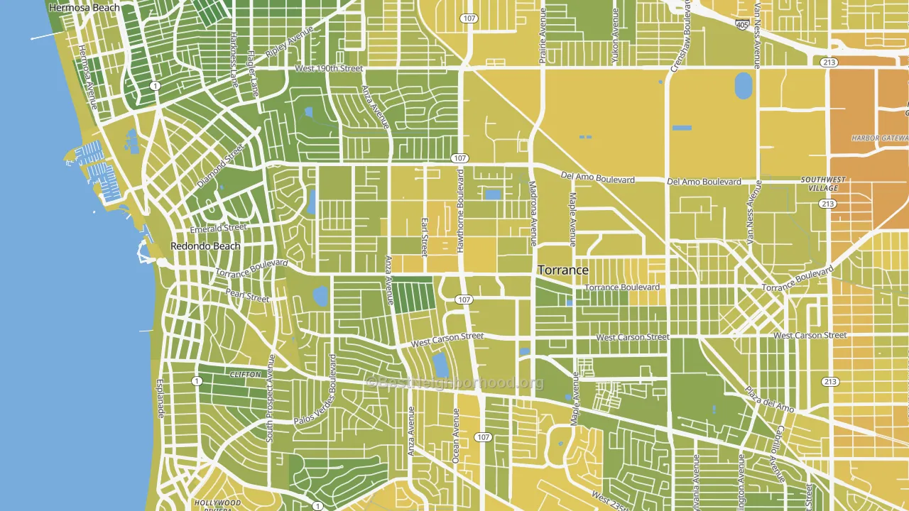 Map of the best neighborhoods in the 90503 area, with better matches in green and worse matches in red