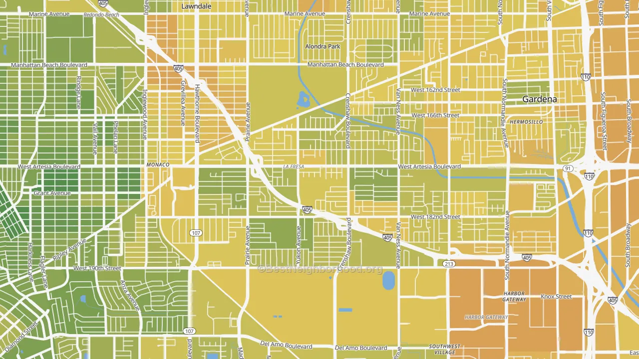 Map of the best neighborhoods in the 90504 area, with better matches in green and worse matches in red