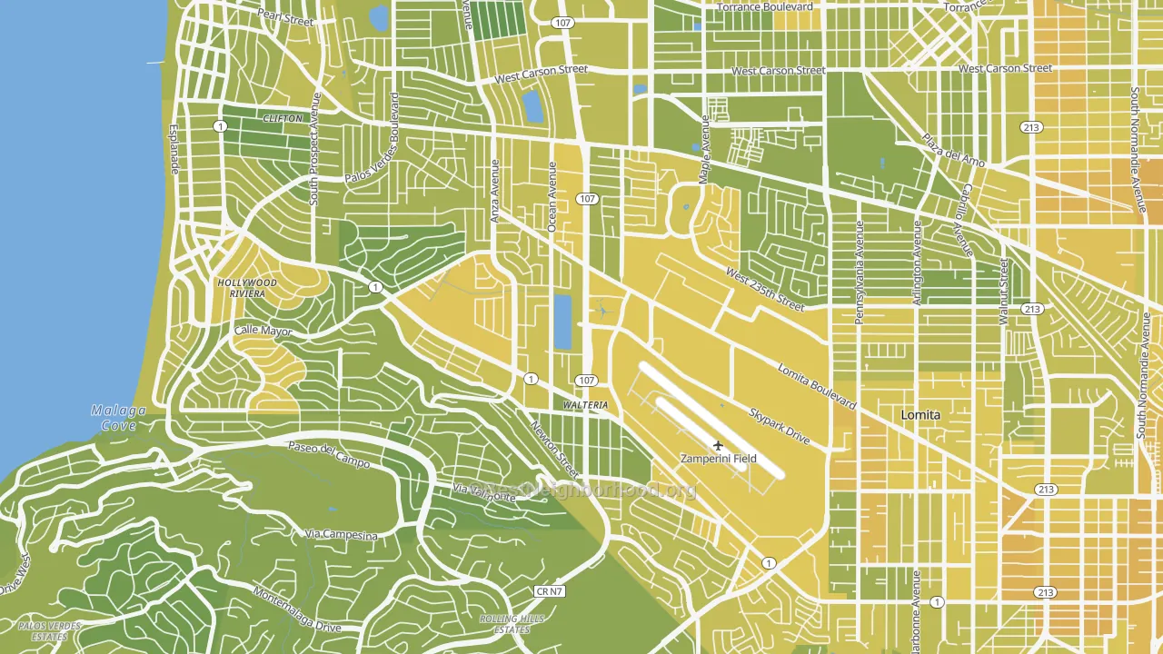 Map of the best neighborhoods in the 90505 area, with better matches in green and worse matches in red