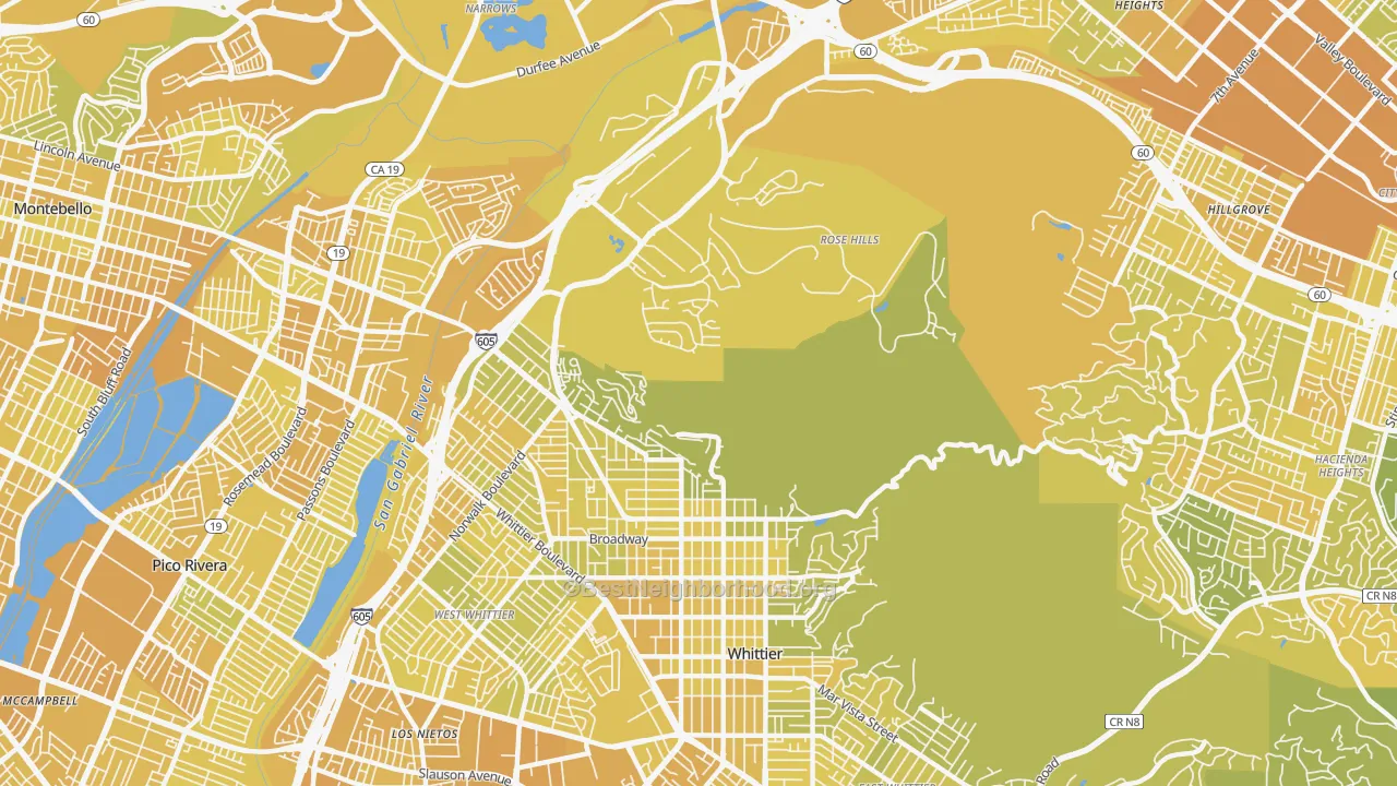 Map of the best neighborhoods in the 90601 area, with better matches in green and worse matches in red