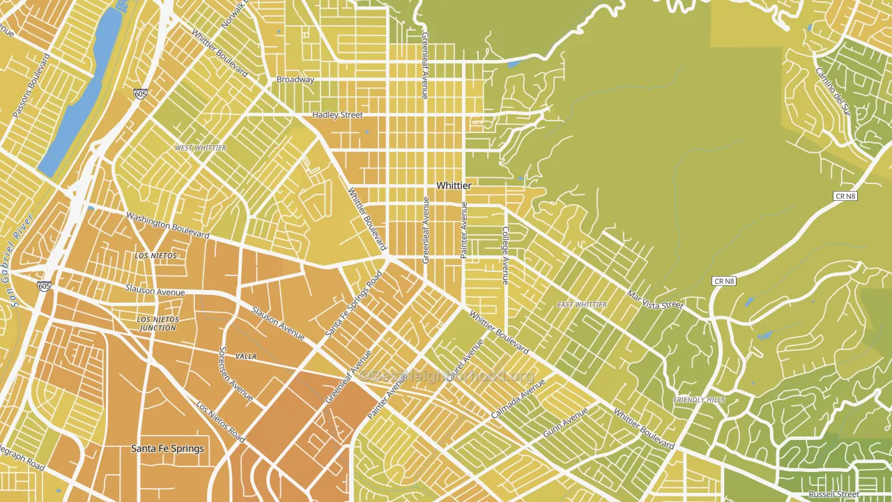 Map of the best neighborhoods in the 90602 area, with better matches in green and worse matches in red